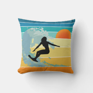 Surfer Girl Vintage Sunset Throw Pillow