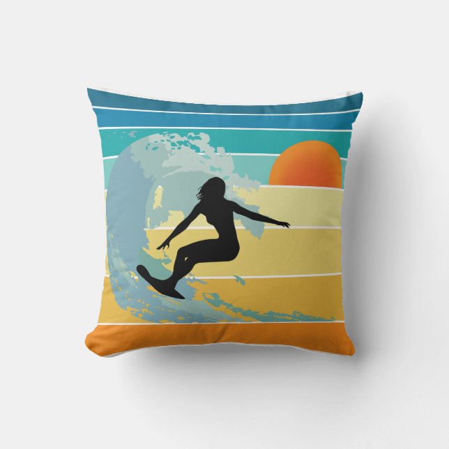 Surfer Girl Vintage Sunset Throw Pillow (Front)