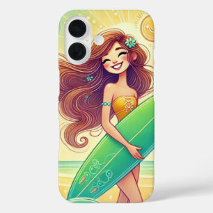 Surfer Girl with a Surfboard iPhone 16 Case