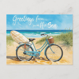 Surfer Greeting from the sea with board and bike Postcard