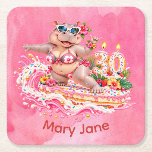 Surfer Hippo 30th Birthday Surfing Square Paper Coaster