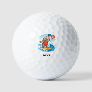 Surfer Hippo Surfing 4th July Independence Day  Golf Balls