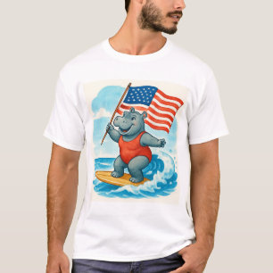 Surfer Hippo Surfing 4th July Independence Day  T-Shirt
