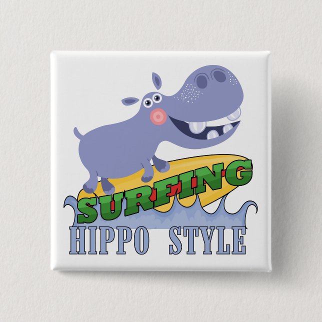 Surfer Hippopotamus 2 Inch Square Button (Front)