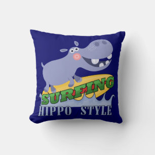 Surfer Hippopotamus Throw Pillow