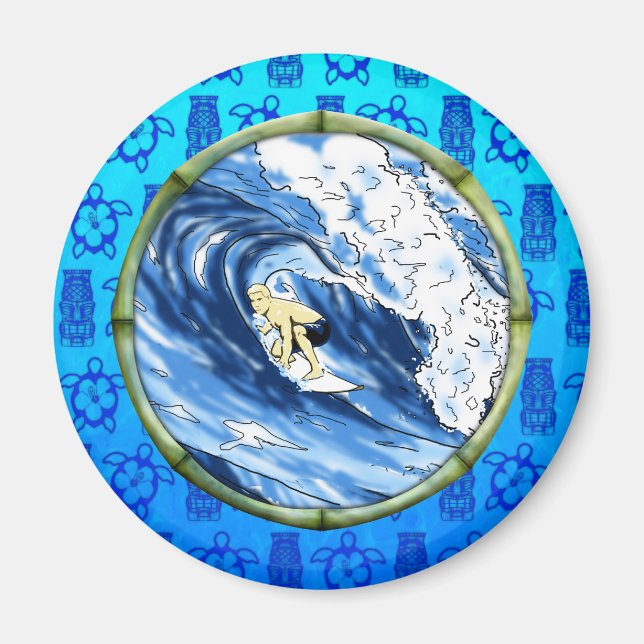 Surfer In Bamboo Circle Magnet (Front)