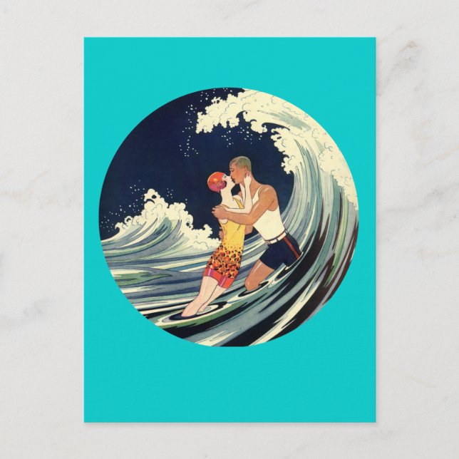 Surfer Lovers Kissing Vintage Illustration Postcard (Front)