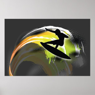 Surfer noir figure & vague colorée sur affiche gri
