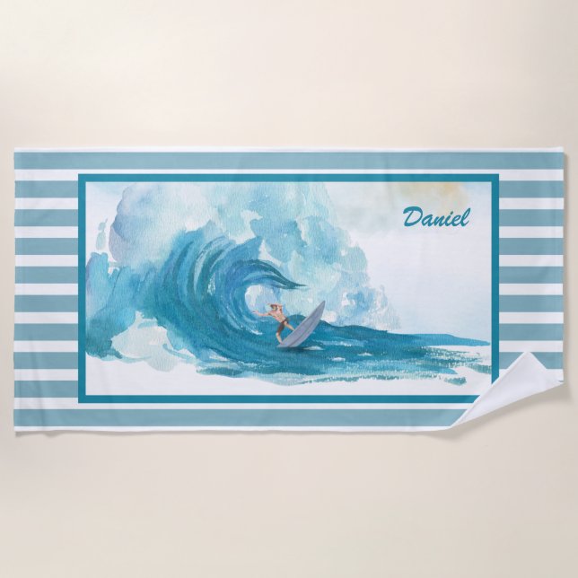 Surfer on a Big Wave | Personalized Beach Towel (Front)