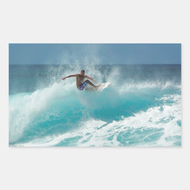 Surfer on a big wave rectangle sticker (Front)
