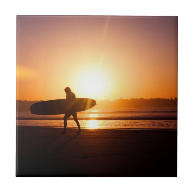 Surfer on Beach at Sunset Tile (Front)