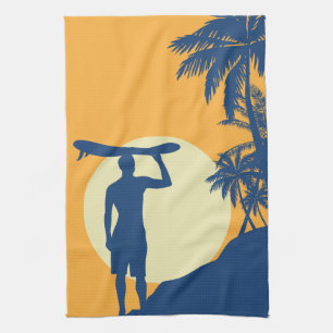 Surfer, palm tree, cliff, sun, surfer, kitchen towel