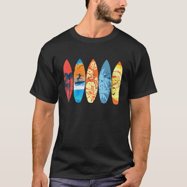 Surfer Palm Tree Surfboard Sunset Wave T-Shirt (Front)