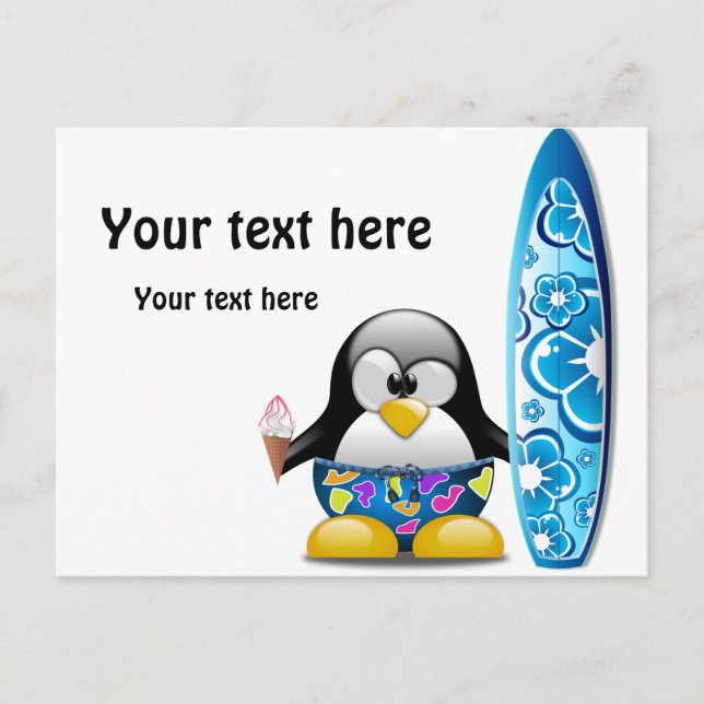 Surfer Penguin with Ice Cream Postcard (Front)
