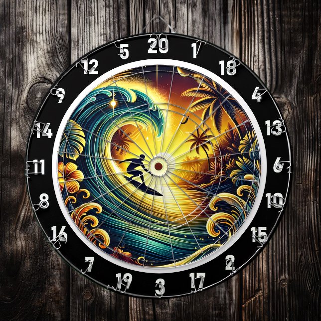 Surfer Riding Sunset Wave Wall Art Dartboard (Creator Uploaded)
