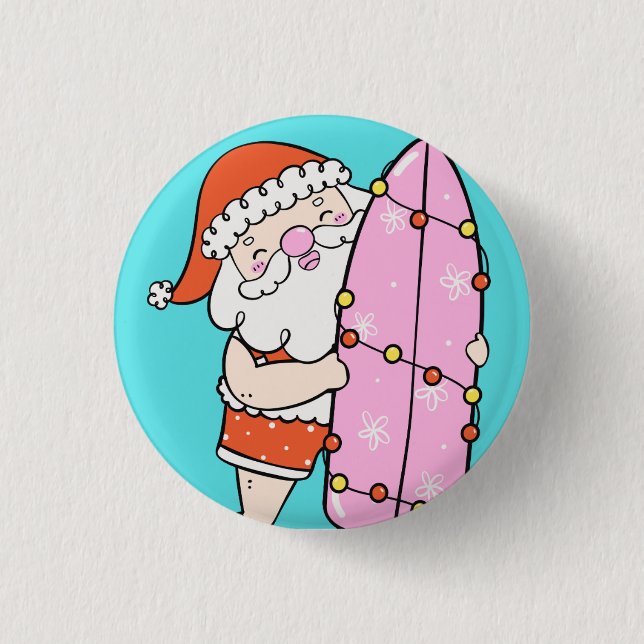 Surfer Santa 1 Inch Round Button (Front)