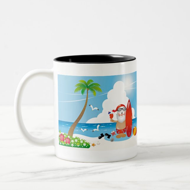 surfer santa claus Two-Tone coffee mug (Left)