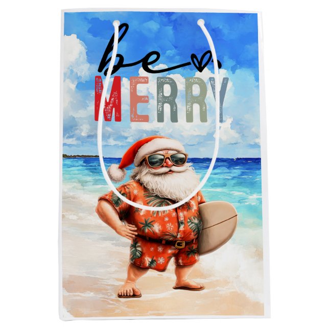 Surfer Santa with his surf board at the beach  Medium Gift Bag (Front)