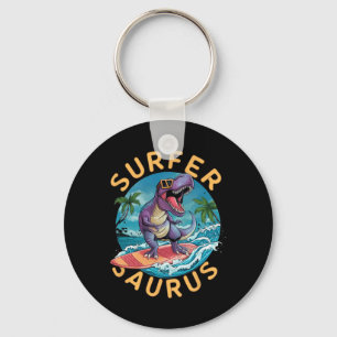 Surfer Saurus T-rex Dinosaurs Surfing Dino Rider  Keychain
