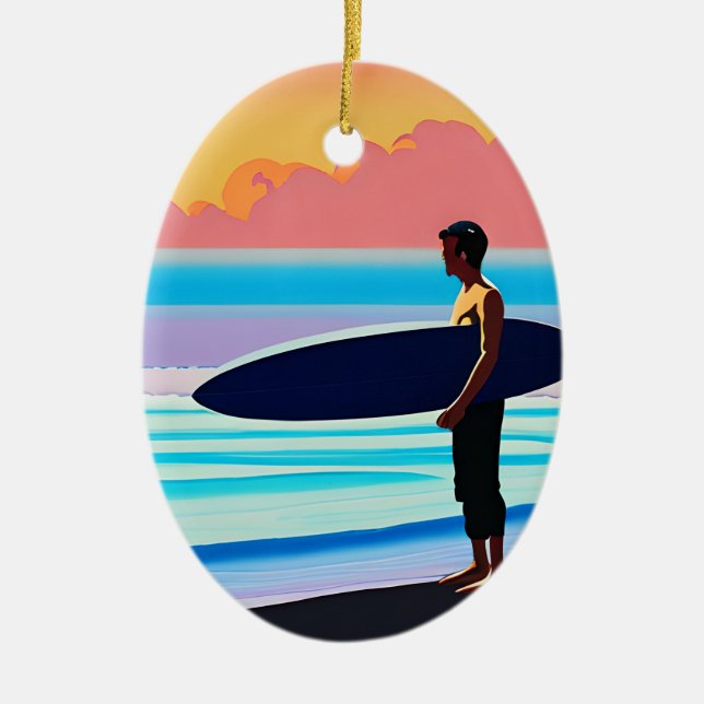 Surfer Standing on a Beach At Sunset Ceramic Ornament (Front)
