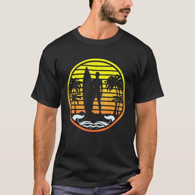 Surfer Sunset Palm Tree Surfboard T-Shirt (Front)