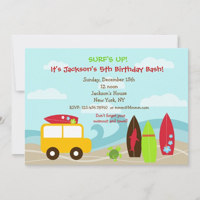 Surfer Surf Birthday Party Invitations (Front)