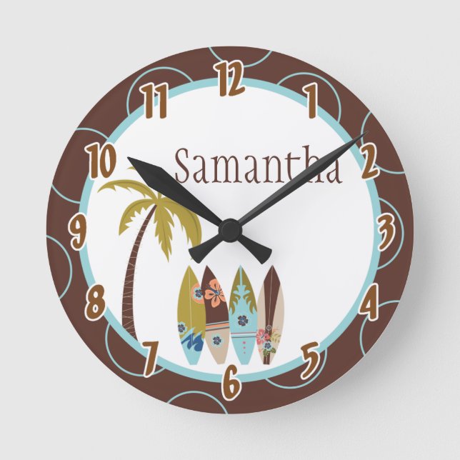 Surfer Surf Boards Hawaiian Personalized Clock (Front)