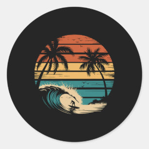 Surfer Surfing With Palm Trees Tropical Vacation _ Classic Round Sticker