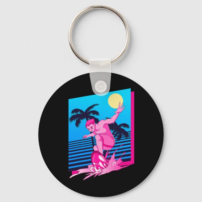 Surfer Synthwave Sunset Palm Trees Surfing 80s Art Keychain (Front)