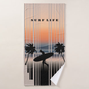Surfer Walking Into Beach At Sunset   Surf Life  Bath Towel