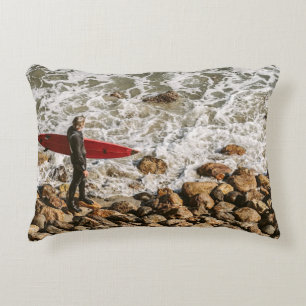 Surfer Walking Rocky Beach, Ocean Waves Coastal Accent Pillow