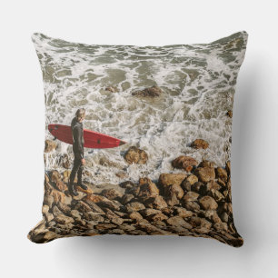 Surfer Walking Rocky Beach, Ocean Waves Coastal  Throw Pillow
