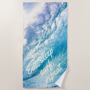 Surfer Wave Ocean Blue White Eat Sleep Surf Repeat Beach Towel