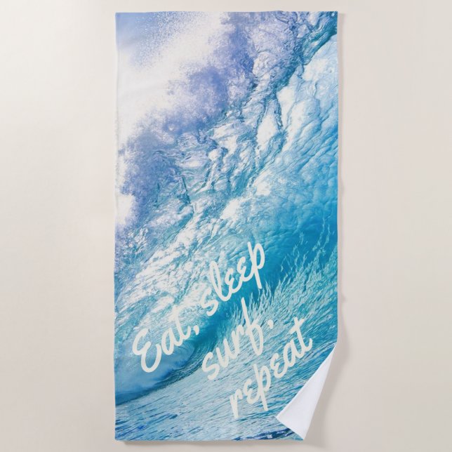 Surfer Wave Ocean Blue White Eat Sleep Surf Repeat Beach Towel (Front)