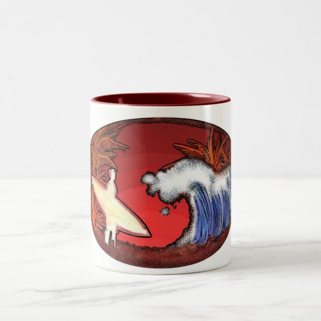 Surfer waves artistic beach scene coffee mug (Center)