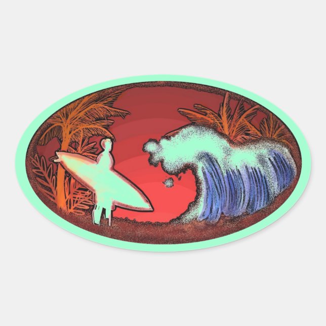 Surfer waves sea green art beach scene stickers (Front)