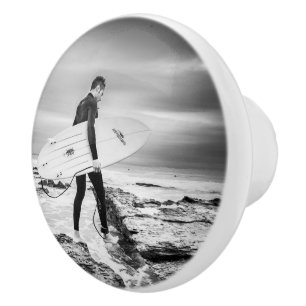 Surfer with board on Beach Ceramic Knob