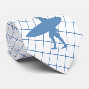 Surfer With Surf Board on Blue Check Necktie
