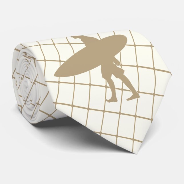 Surfer With Surf Board on Tan Check Necktie (Rolled)