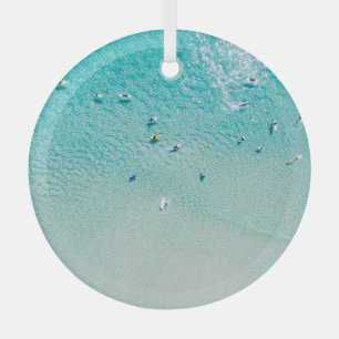 Surfers aerial view, clear ocean. glass ornament