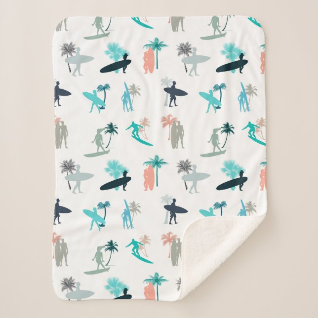 Surfers and Palm Trees Pattern Sherpa Blanket (Front)