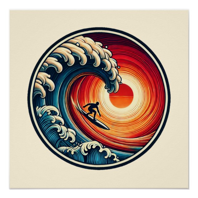 Surfer's Sunset Wave Glossy Poster (Front)