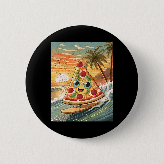 Surfing A Wave Pizza Slice In Tropical Beach Funny 2 Inch Round Button (Front)