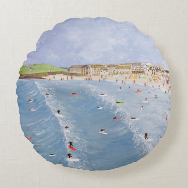 Surfing at Porthmeor Round Pillow (Front)