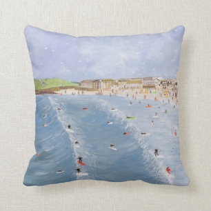 Surfing at Porthmeor Throw Pillow