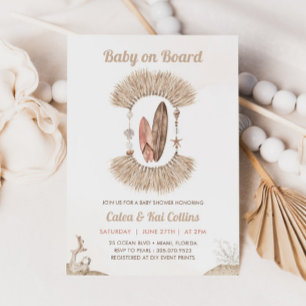 Surfing Beach Boho Baby On Board Baby Shower Invitation