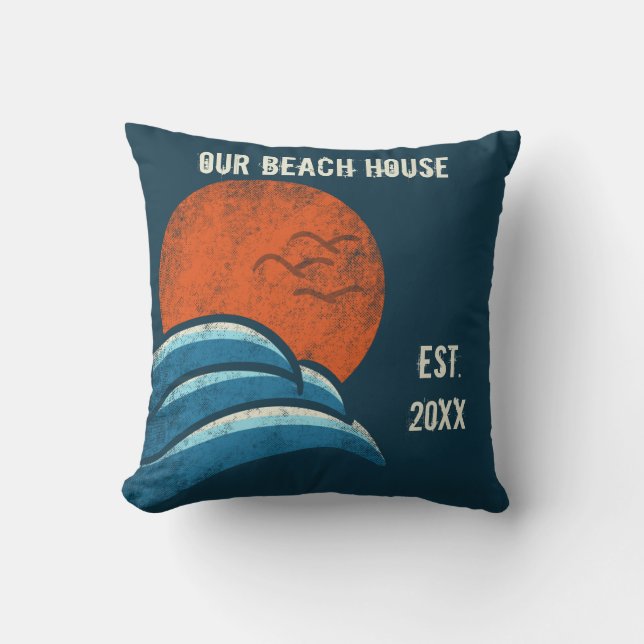 Surfing Beach House Vintage Retro Personalized Throw Pillow (Front)