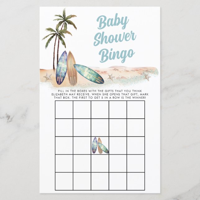 Surfing Beach Summer Baby Shower Bingo Game (Front)