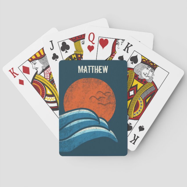 Surfing Beach Vintage Retro Personalized Playing Cards (Back)