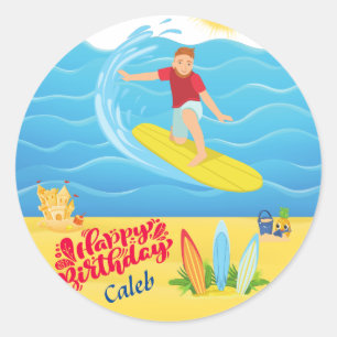 Surfing Birthday  Classic Round Sticker